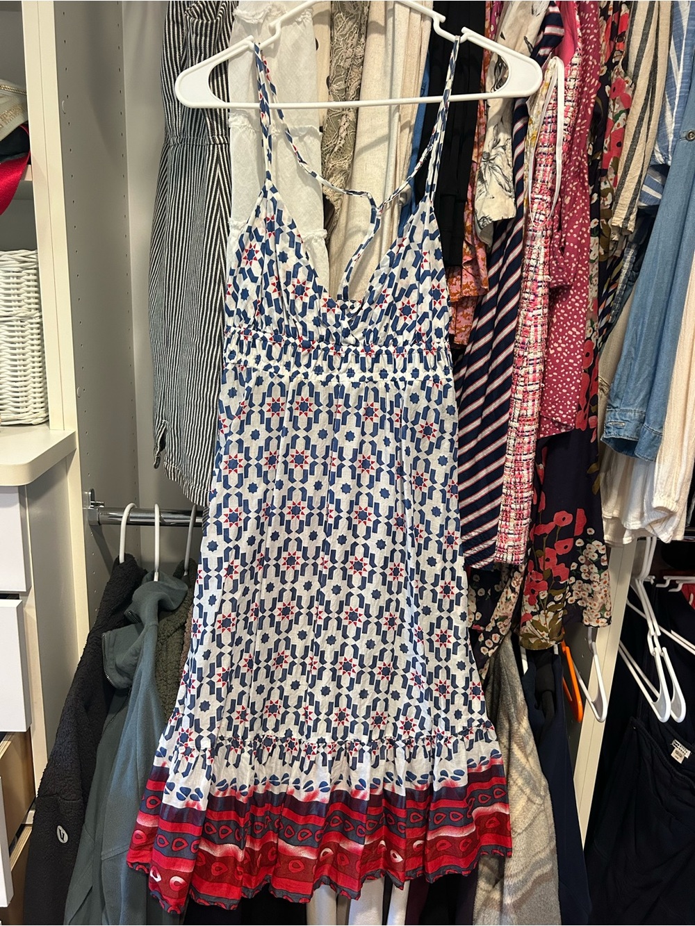 Quiksilver White, Blue & Red Printed Spaghetti-Strap Midi Dress size small